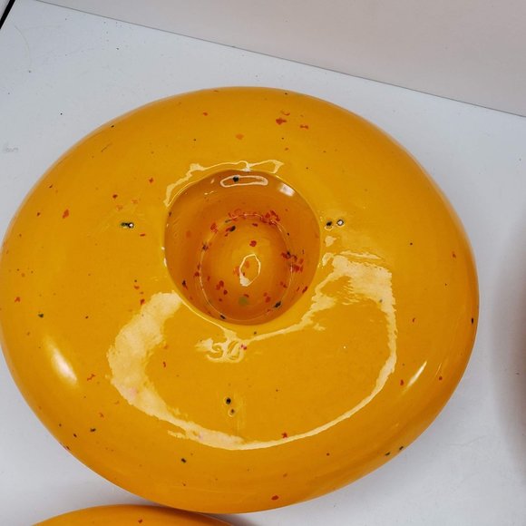 Egg Holder Plate Bowl Pottery Set Of 4 Speckled Yellow Hand Painted Handmade - Picture 14 of 14